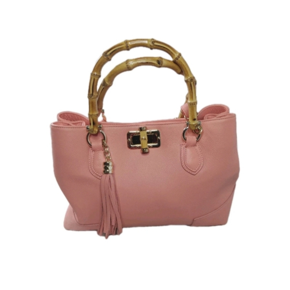 Borse In Pelle Italian Leather Handbag Peach Satchel Bamboo Handles Retail $275